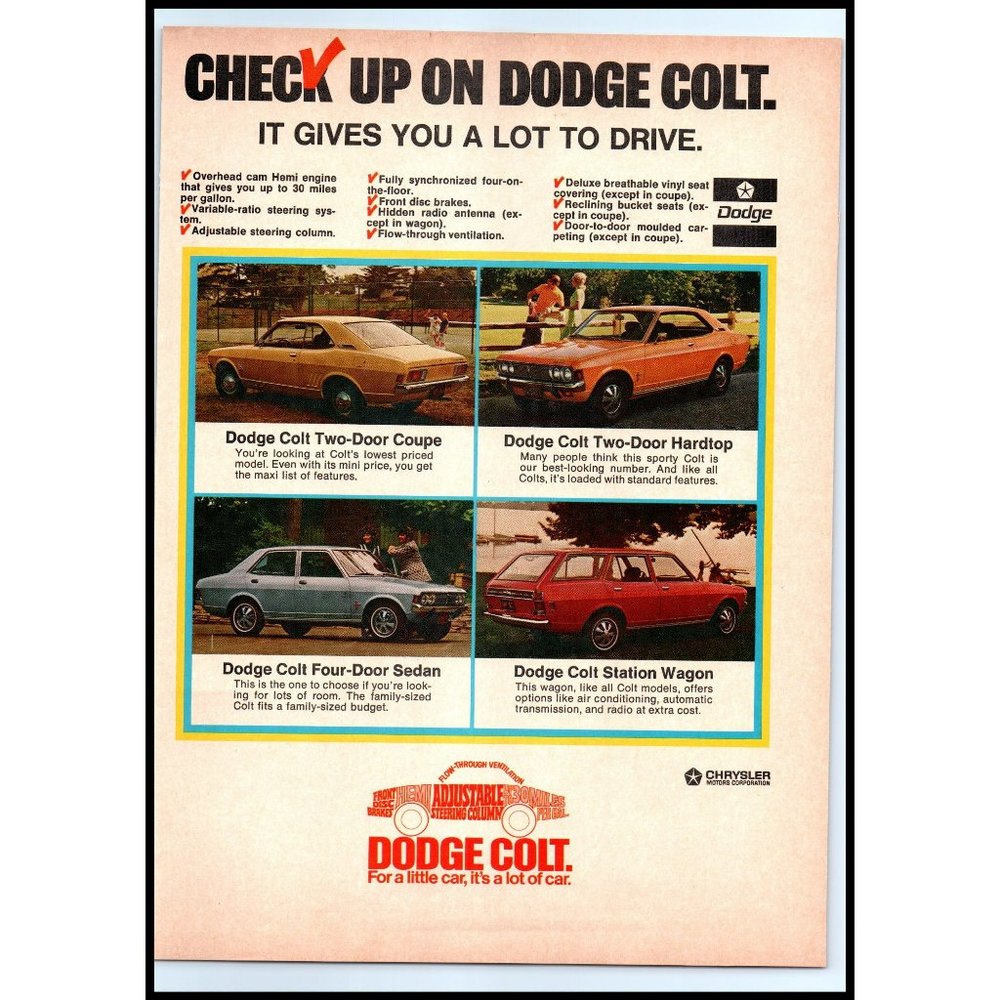 1972 Dodge Colt Models Lineup Vintage Print Ad Coupe Sedan Wagon Wall Art Photo